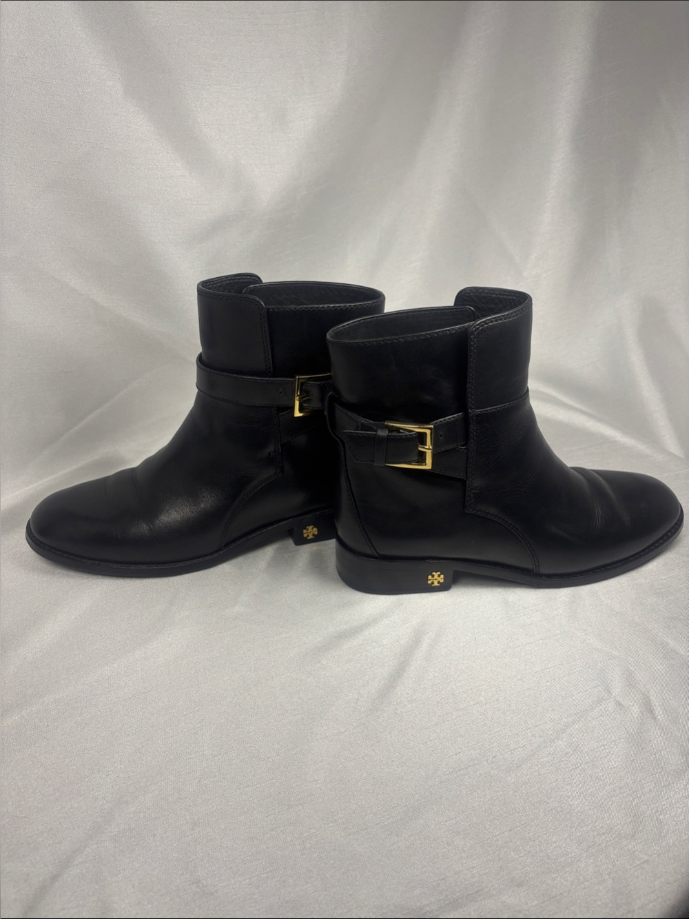 Tory Burch Black Leather Ankle Booties with Gold Buckle